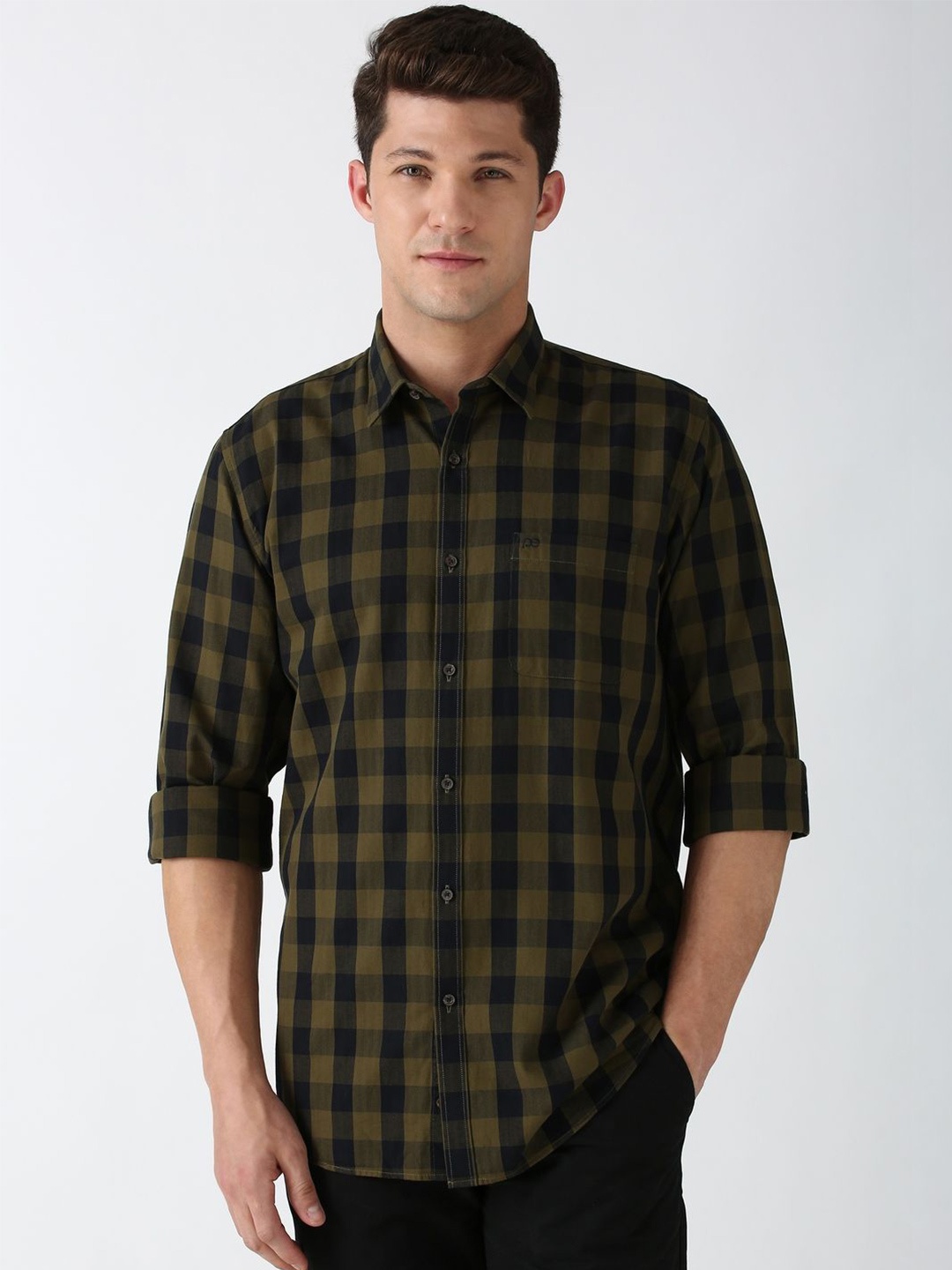 

Peter England Casuals Men Slim Fit Buffalo Checks Opaque Checked Casual Shirt, Olive