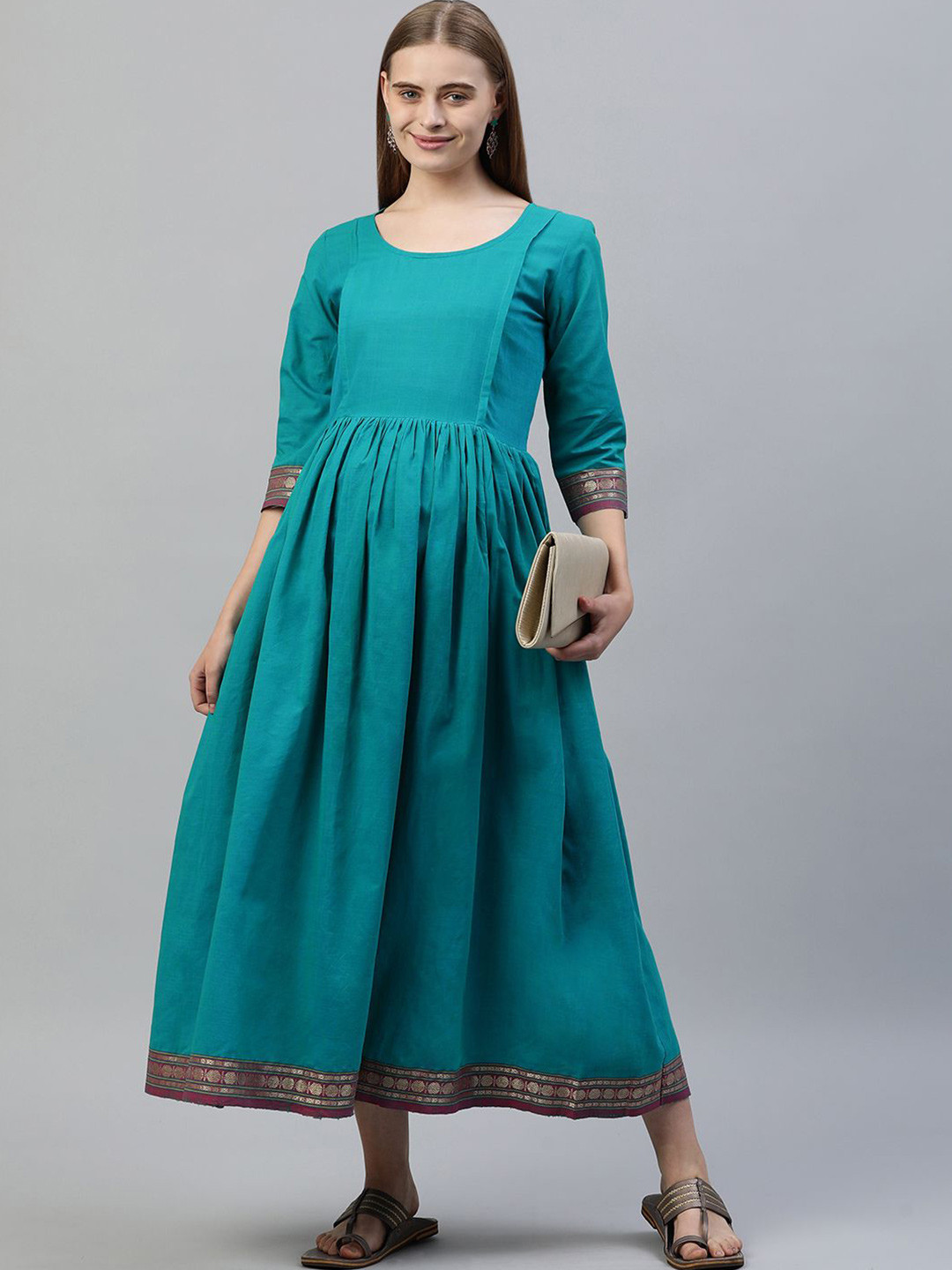 

Swishchick Round Neck Maternity Cotton Fit & Flare Midi Dress, Blue