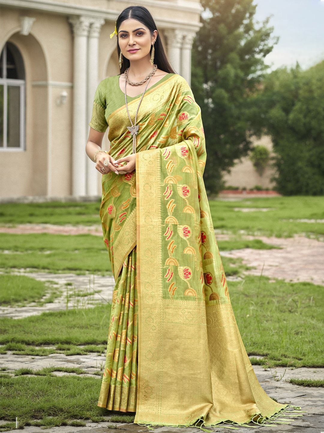 

SANGAM PRINTS Woven Design Zari Organza Tussar Saree, Green