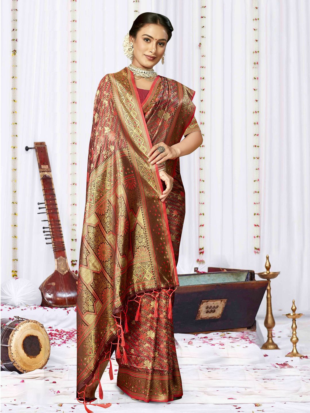 

SANGAM PRINTS Woven Design Zari Satin Tussar Saree, Red