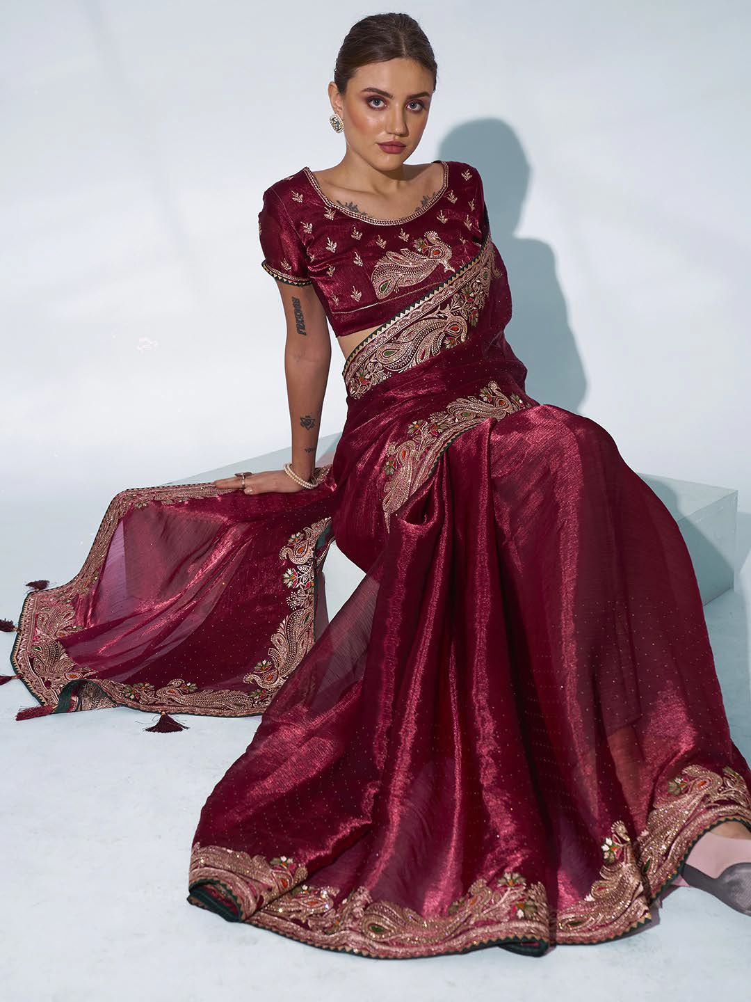 

Kalista Ethnic Motifs Embroidered Organza Saree, Maroon
