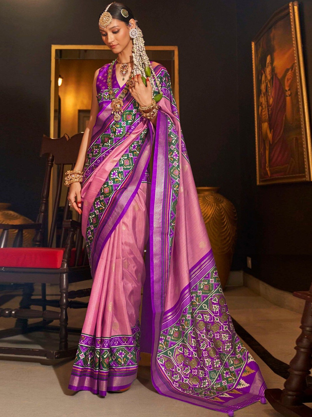 

MySilkLove Printed Zari Border Patola Saree, Pink