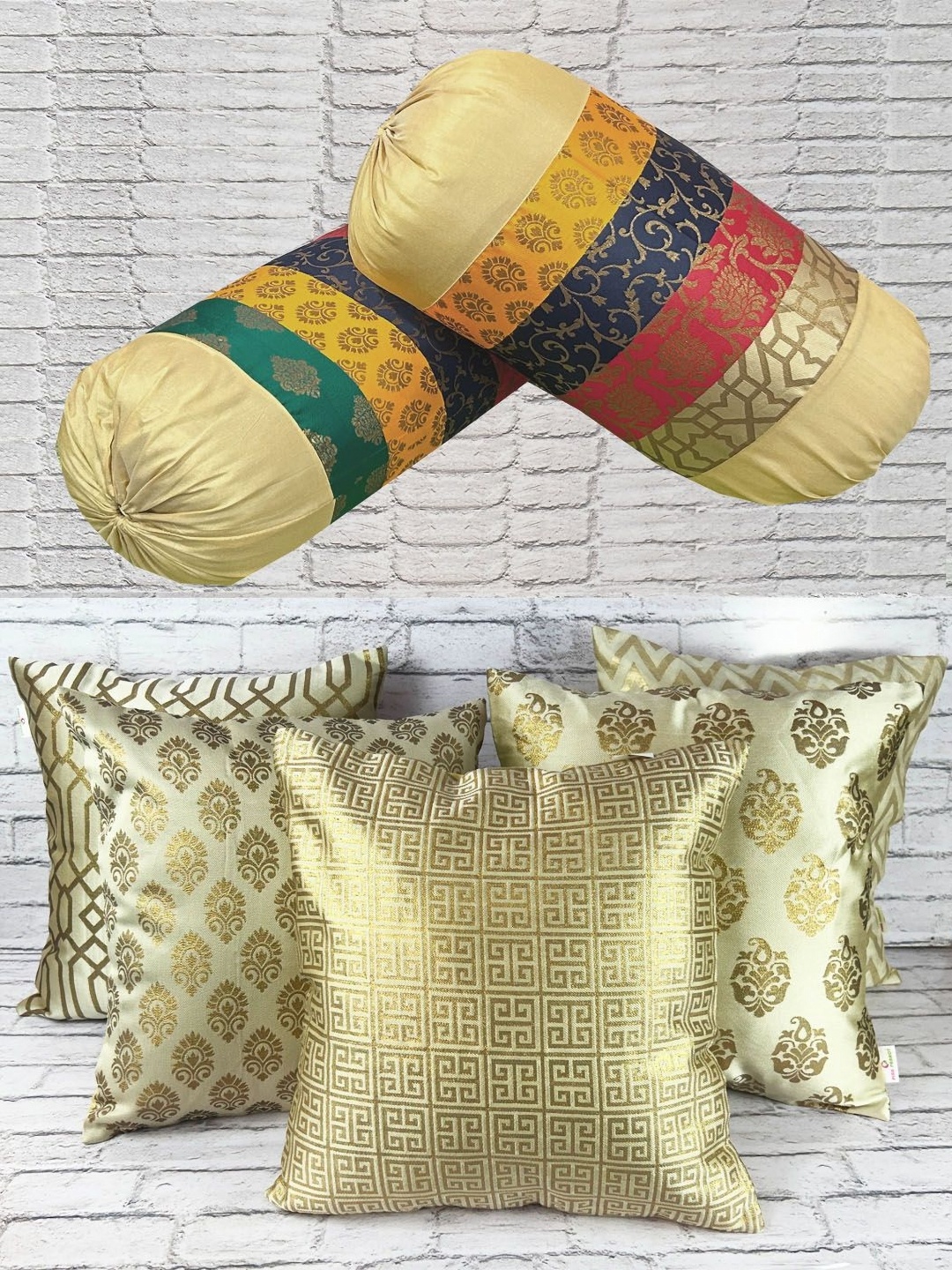 

Pink Parrot Cream-Coloured & Yellow Set of 7 Ethnic Motifs Round Cushion Covers