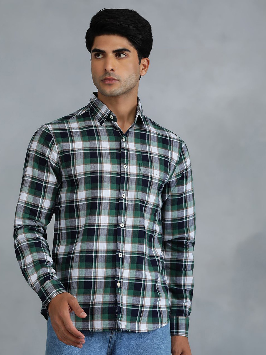 

Greenfibre Men Slim Fit Tartan Checks Opaque Checked Casual Shirt, Green