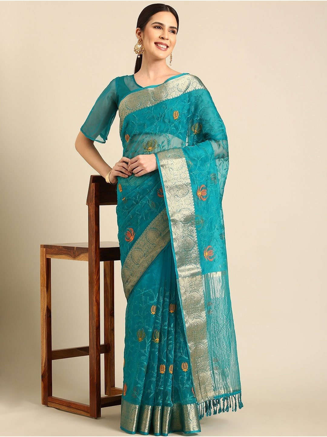 

all about you Embroidered Ethnic Motifs Zari Organza Saree, Turquoise blue