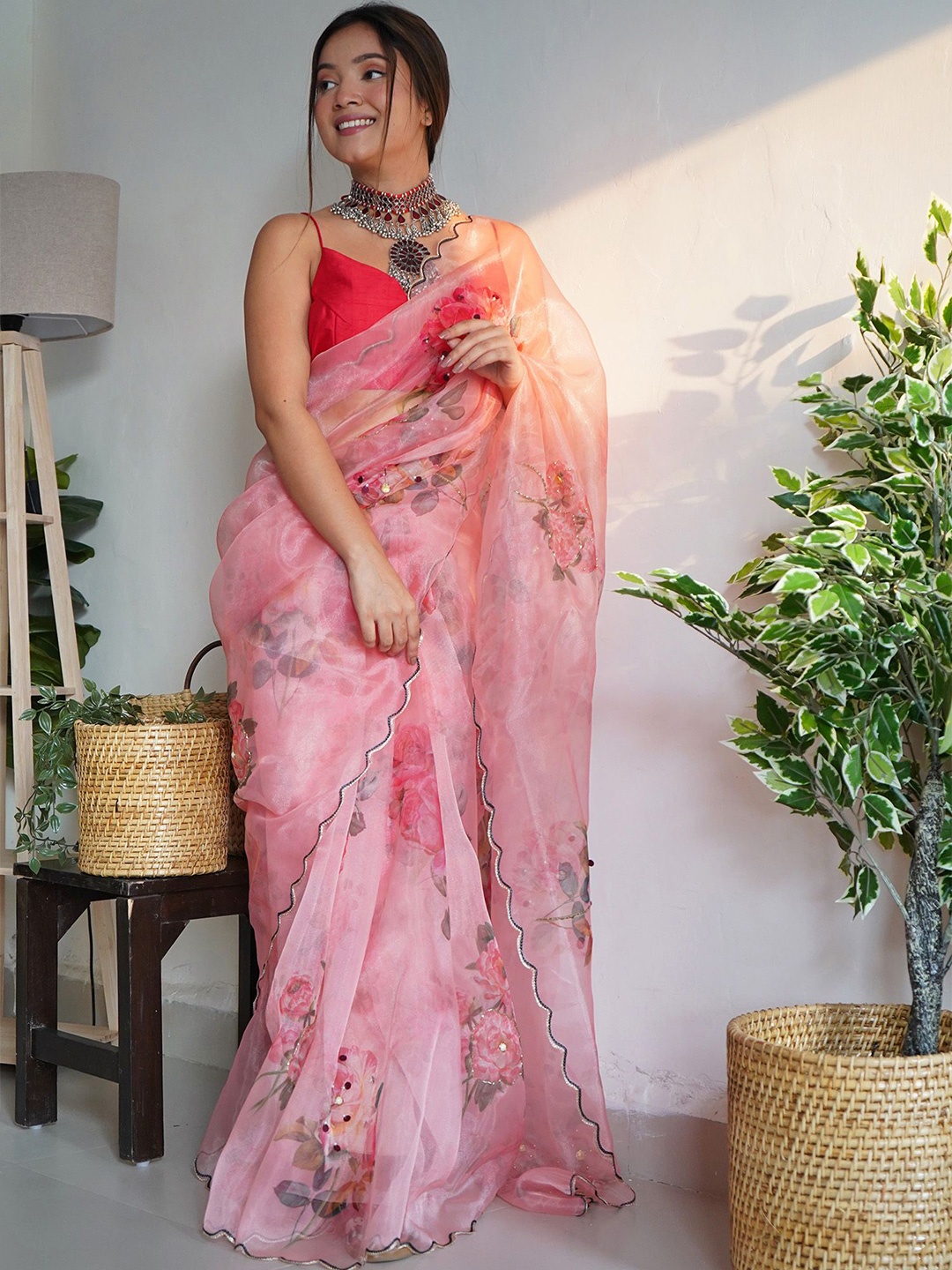

elora Floral Beads and Stones Organza Saree, Pink