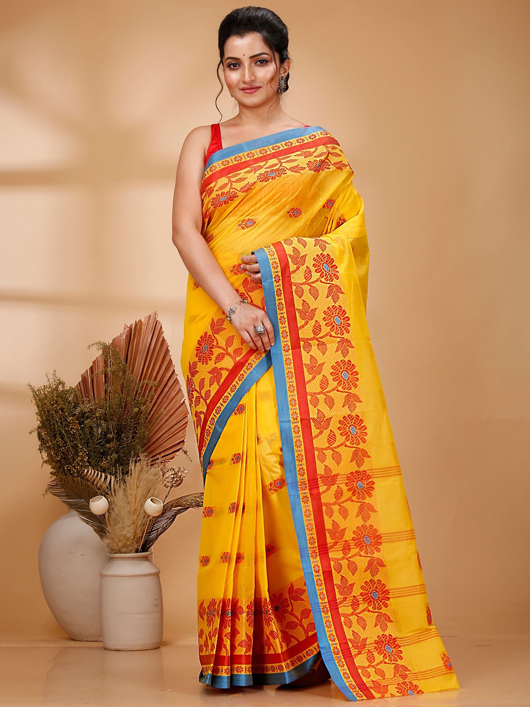 

PuJoy Women Woven Design Pure Cotton Taant Saree With Zari Border, Yellow