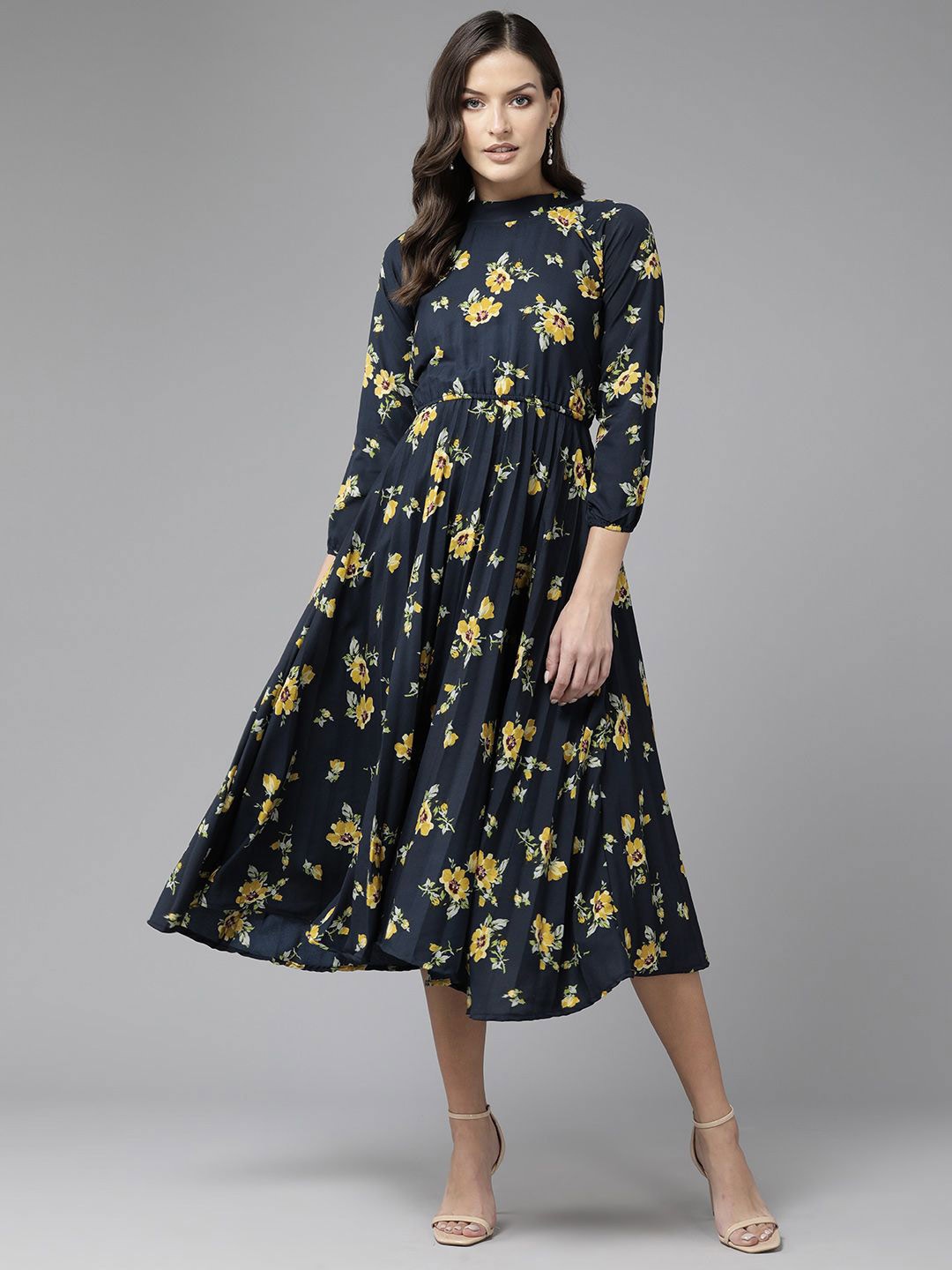 

BAESD Floral Print Net A-Line Midi Dress, Navy blue