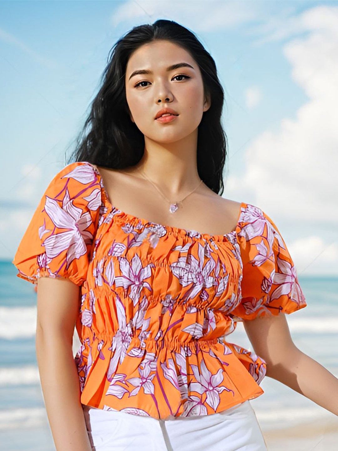 

HERSHEINBOX Women Floral Printed Square Neck Top, Orange