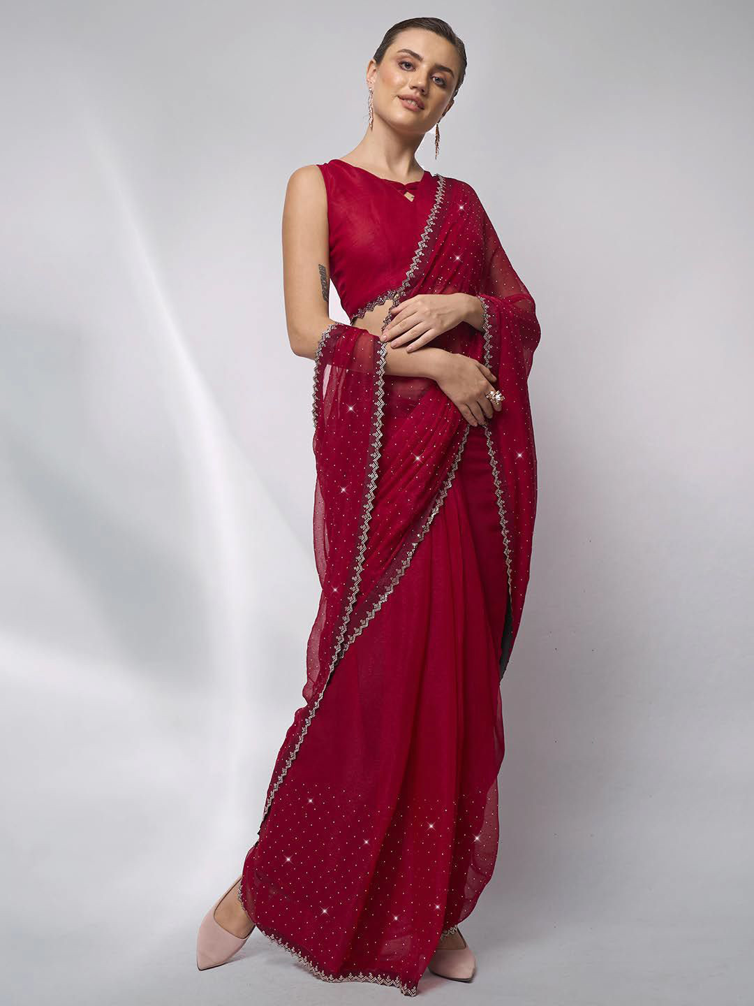 

Kalista Embellished Beads and Stones Pure Chiffon Saree, Red