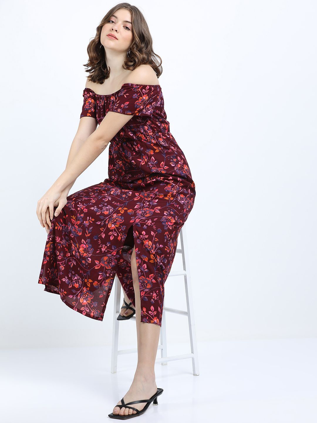 

Tokyo Talkies Floral Printed Off-Shoulder Maxi Dress, Maroon