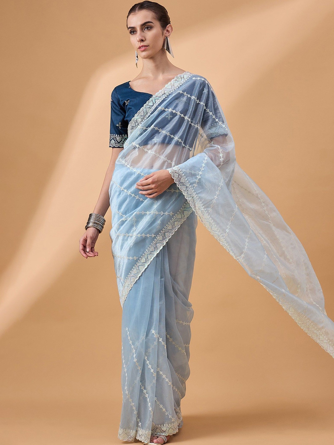 

MySilkLove Woven Design Embroidered Organza Saree, Blue