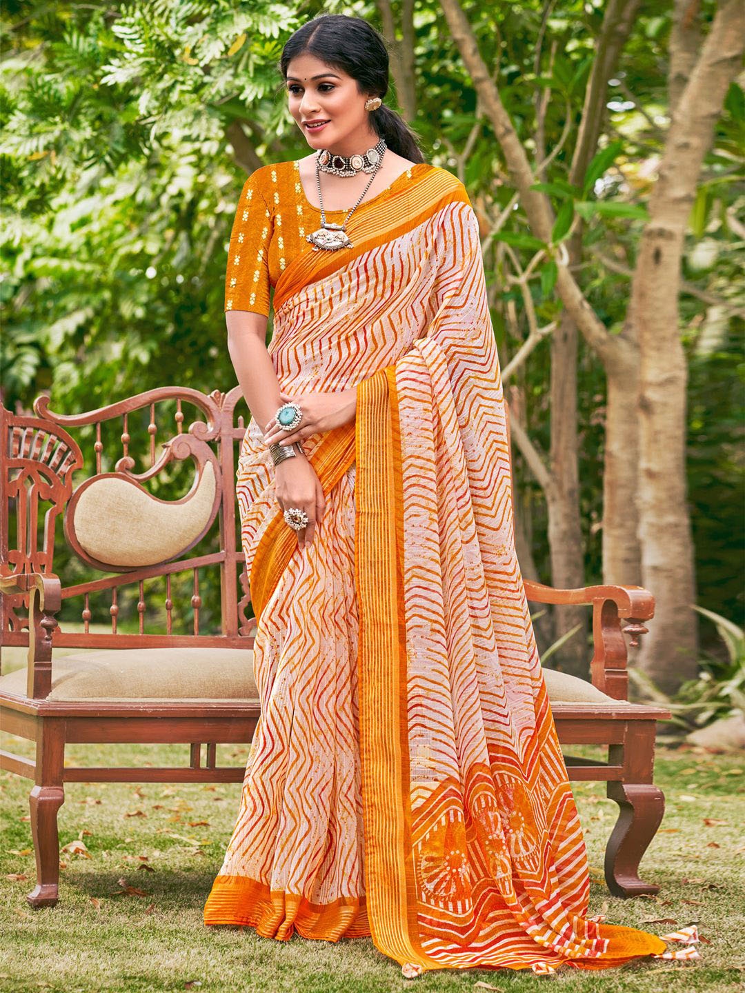 

Saree mall Poly Chiffon Block Print Sarees, Mustard