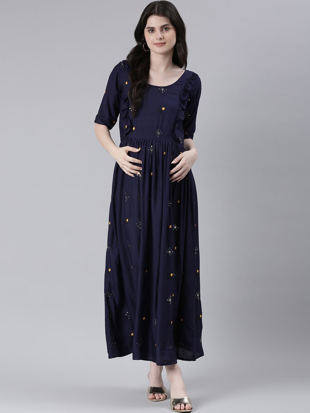 

Swishchick Embroidered Maternity Maxi Dress, Navy blue