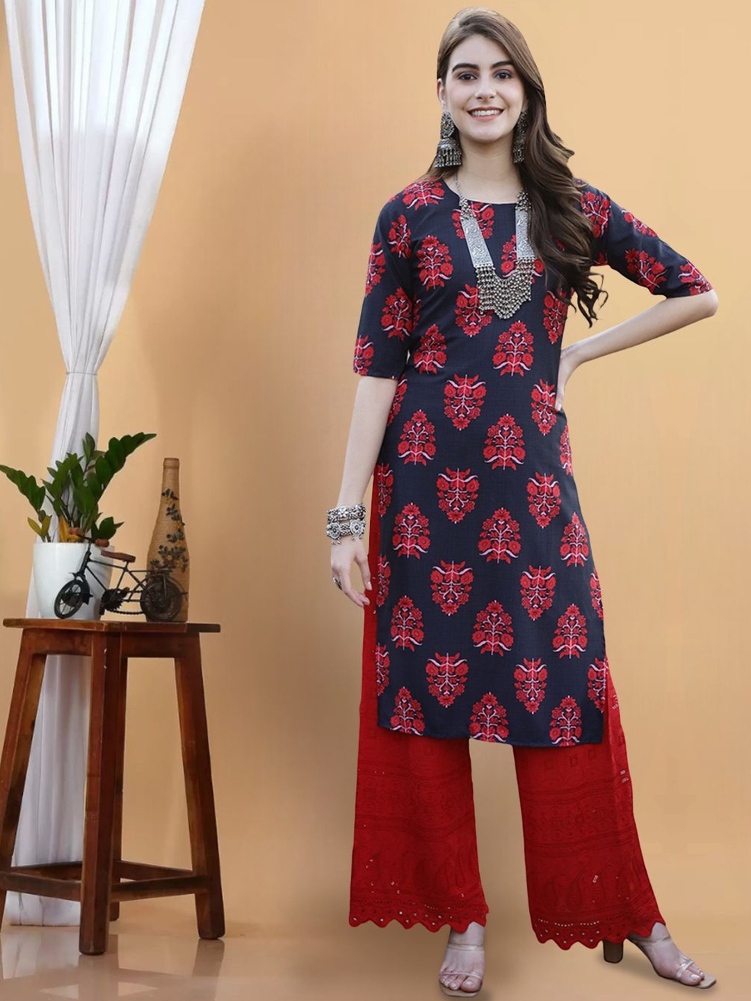 

7Threads Women Floral Printed Flared Sleeves Mirror Work Floral Crepe Kurta, Multi