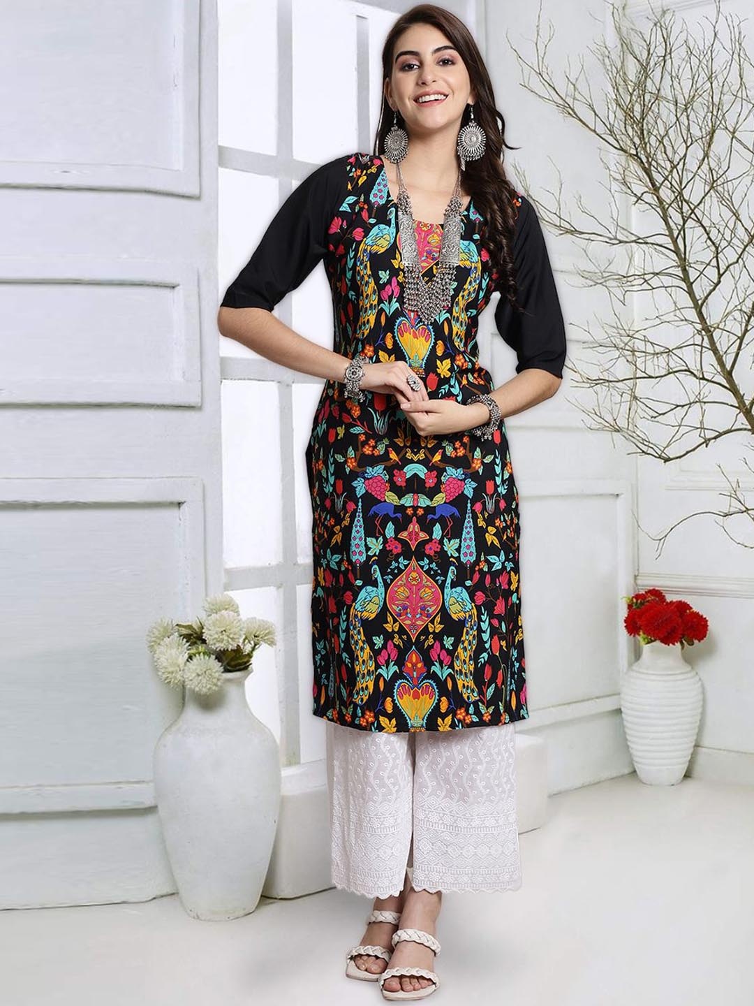 

7Threads Women Embroidered Thread Work Floral Crepe Kurta, Multi