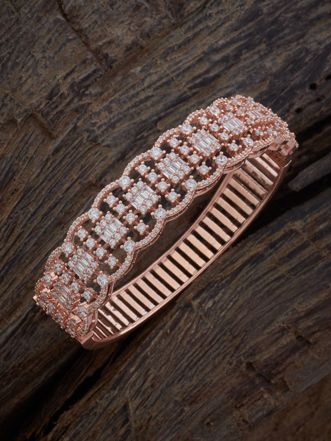 

Kushal's Fashion Jewellery Cubic Zirconia Rhodium-Plated Kada Bracelet, Rose gold