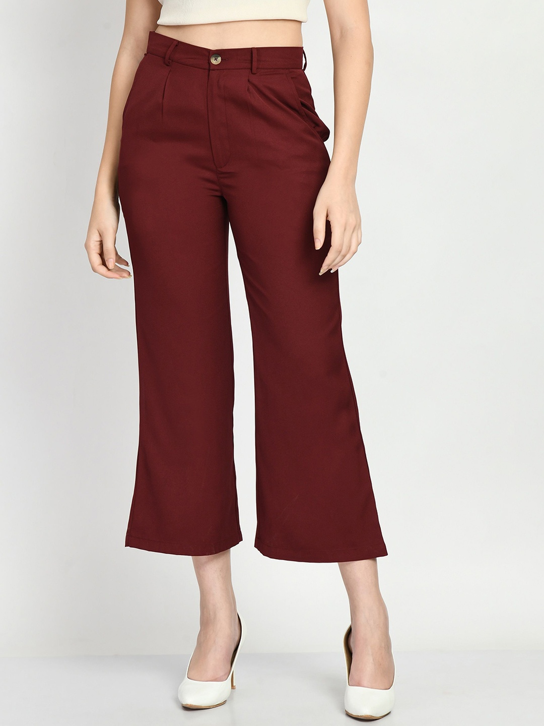 

WAYLENE Women Relaxed Straight Leg Flared High-Rise Easy Wash Trousers, Maroon