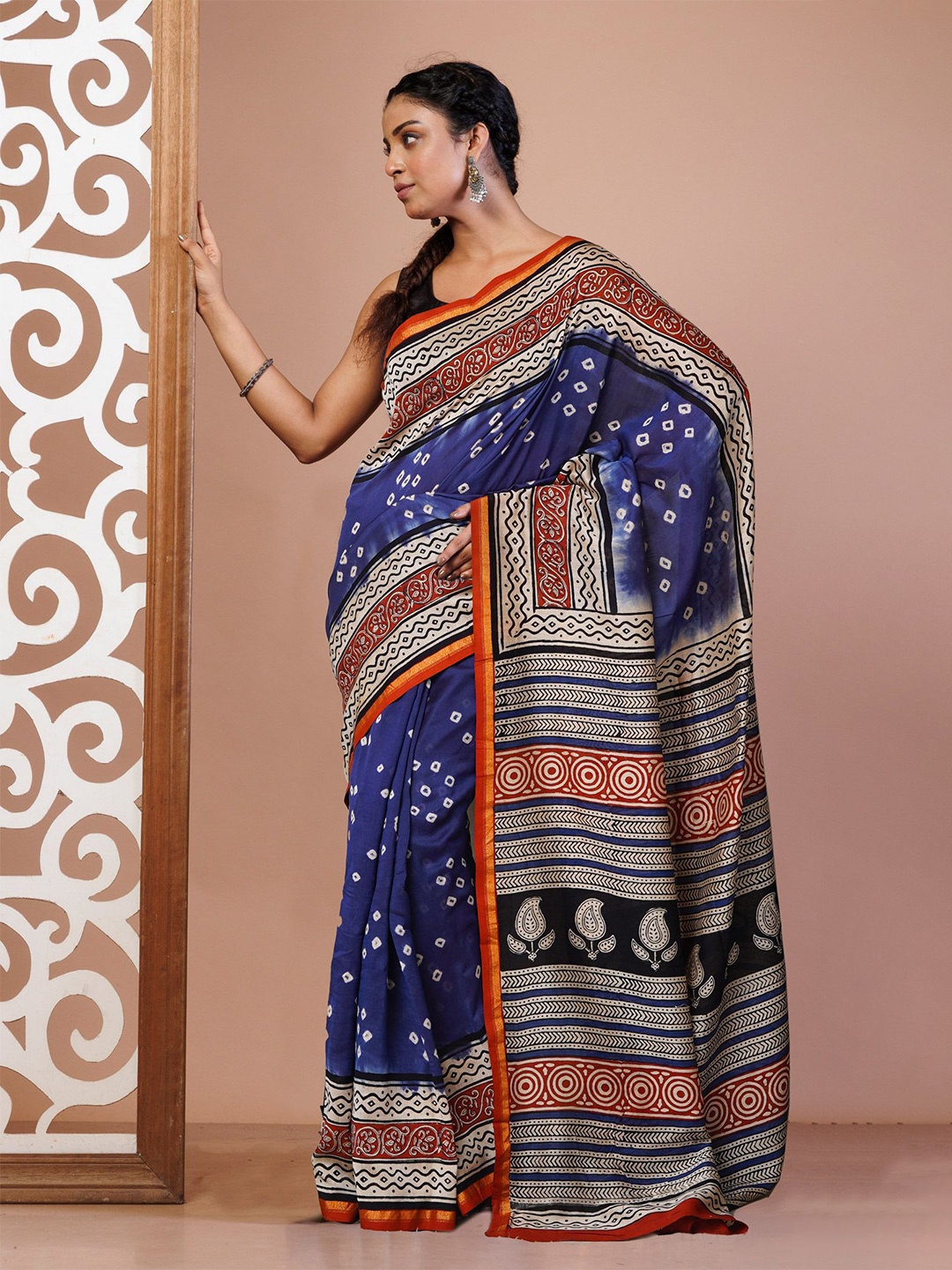 

Unnati Silks Women Bandhani Zari Handloom Chanderi Saree With Zari Boarder, Blue