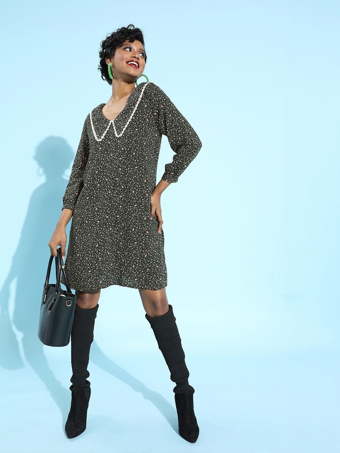 

Sera Printed Crepe A-Line Puff Sleeves Dress, Black