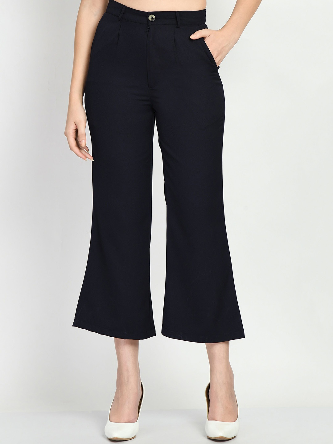

WAYLENE Women Relaxed Straight Leg Flared High-Rise Easy Wash Trousers, Navy blue
