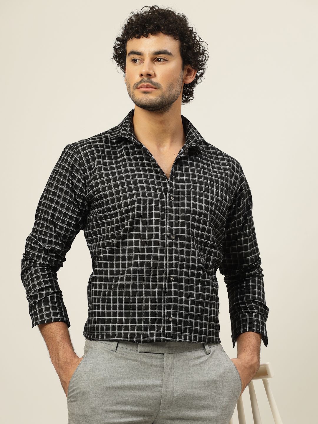 

JADEBERRY Men Classic Slim Fit Grid Tattersall Checks Opaque Checked Casual Shirt, Black