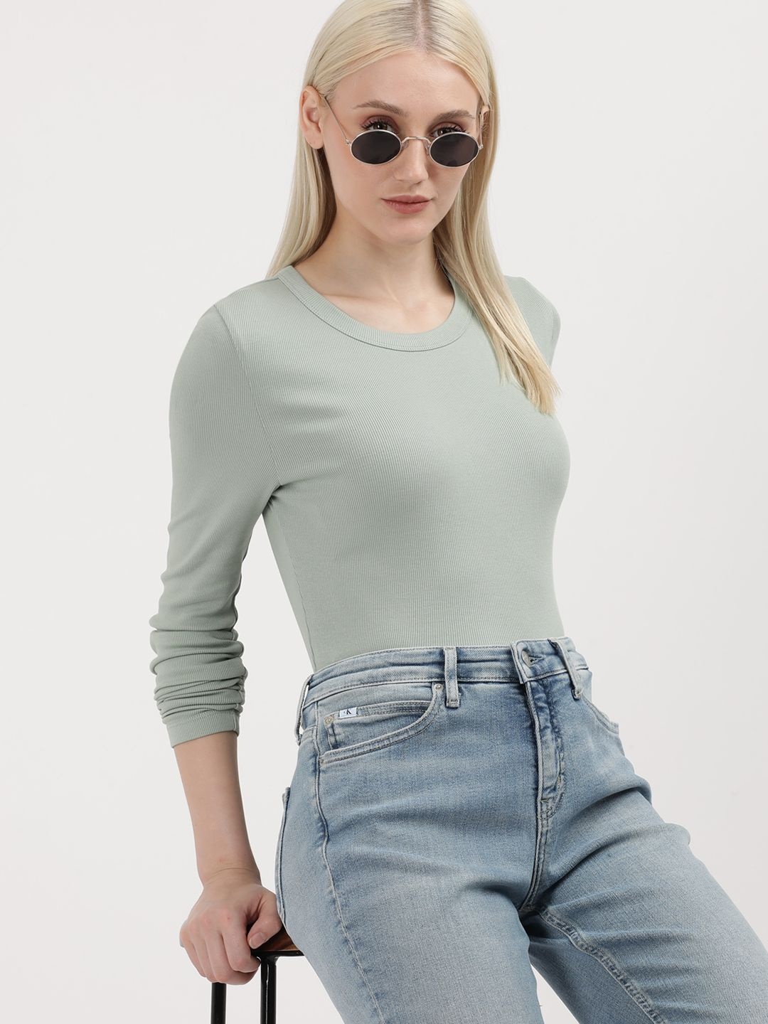 

Calvin Klein Jeans Women Striped Extended Sleeves Pockets Slim Fit T-shirt, Green