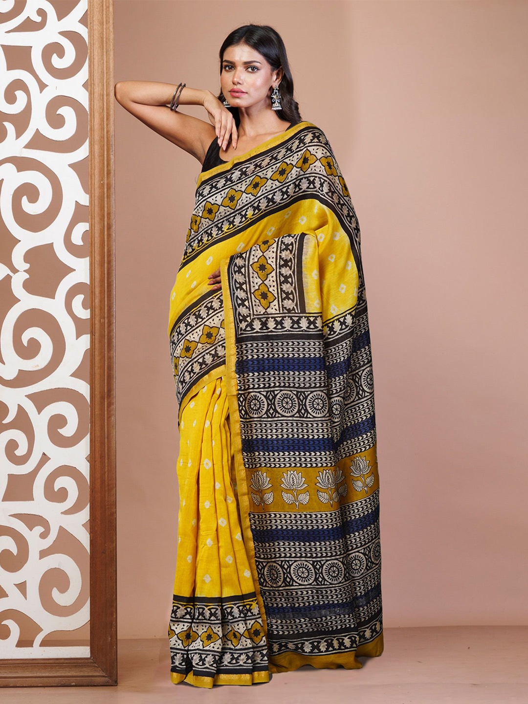 

Unnati Silks Bandhani Silk Cotton Handloom Chanderi Saree with Zari Border, Yellow