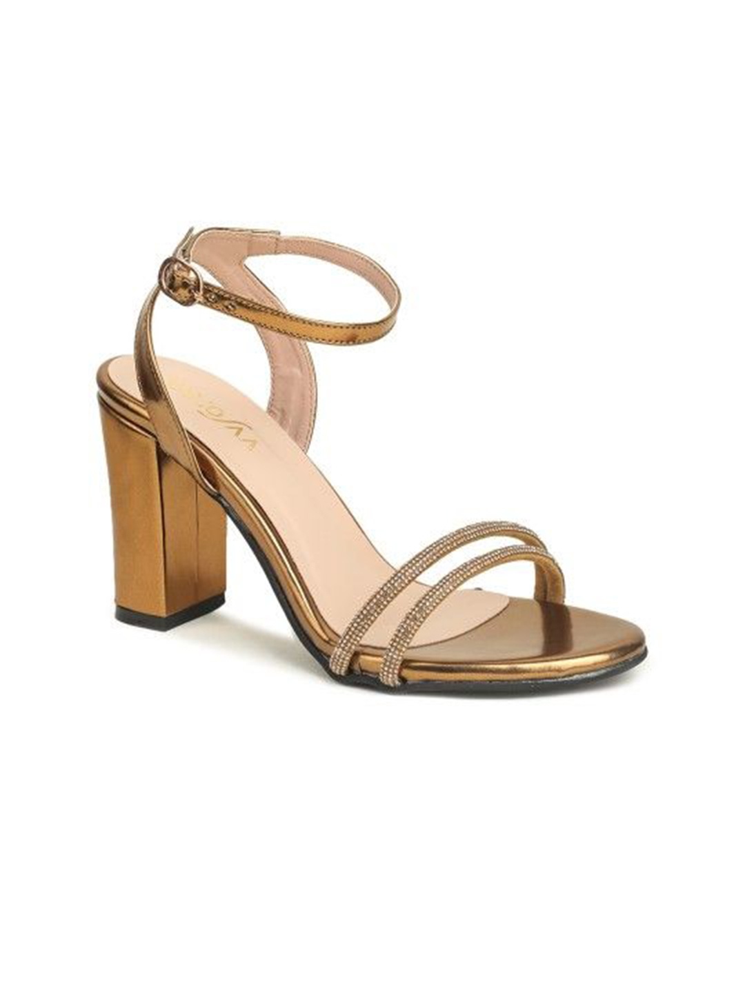 

VALIOSAA Women Embellished Block Heel Sandals, Copper