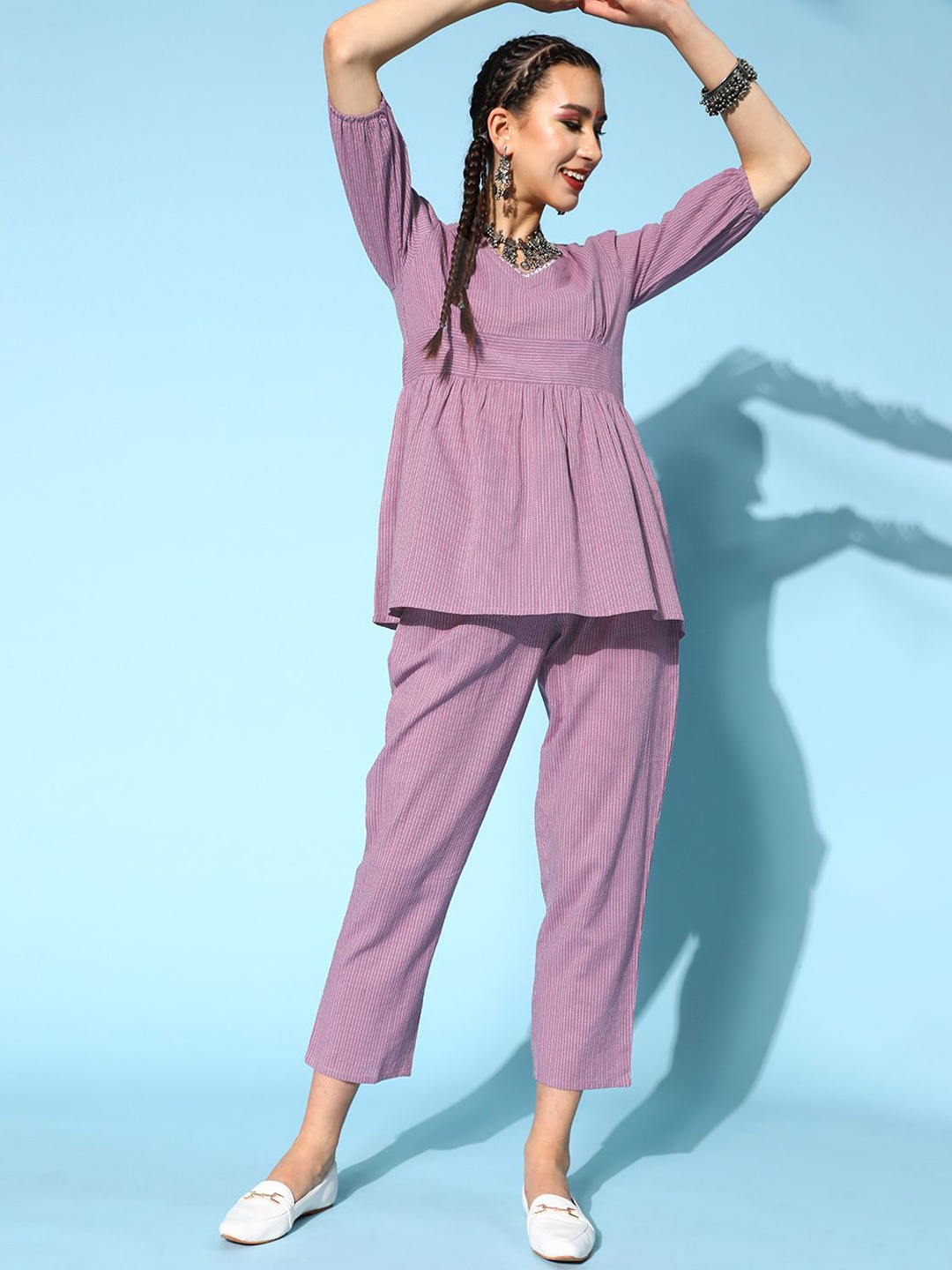 

Stylum Woven-Design Pure Cotton Top With Trousers Co-Ords, Lavender