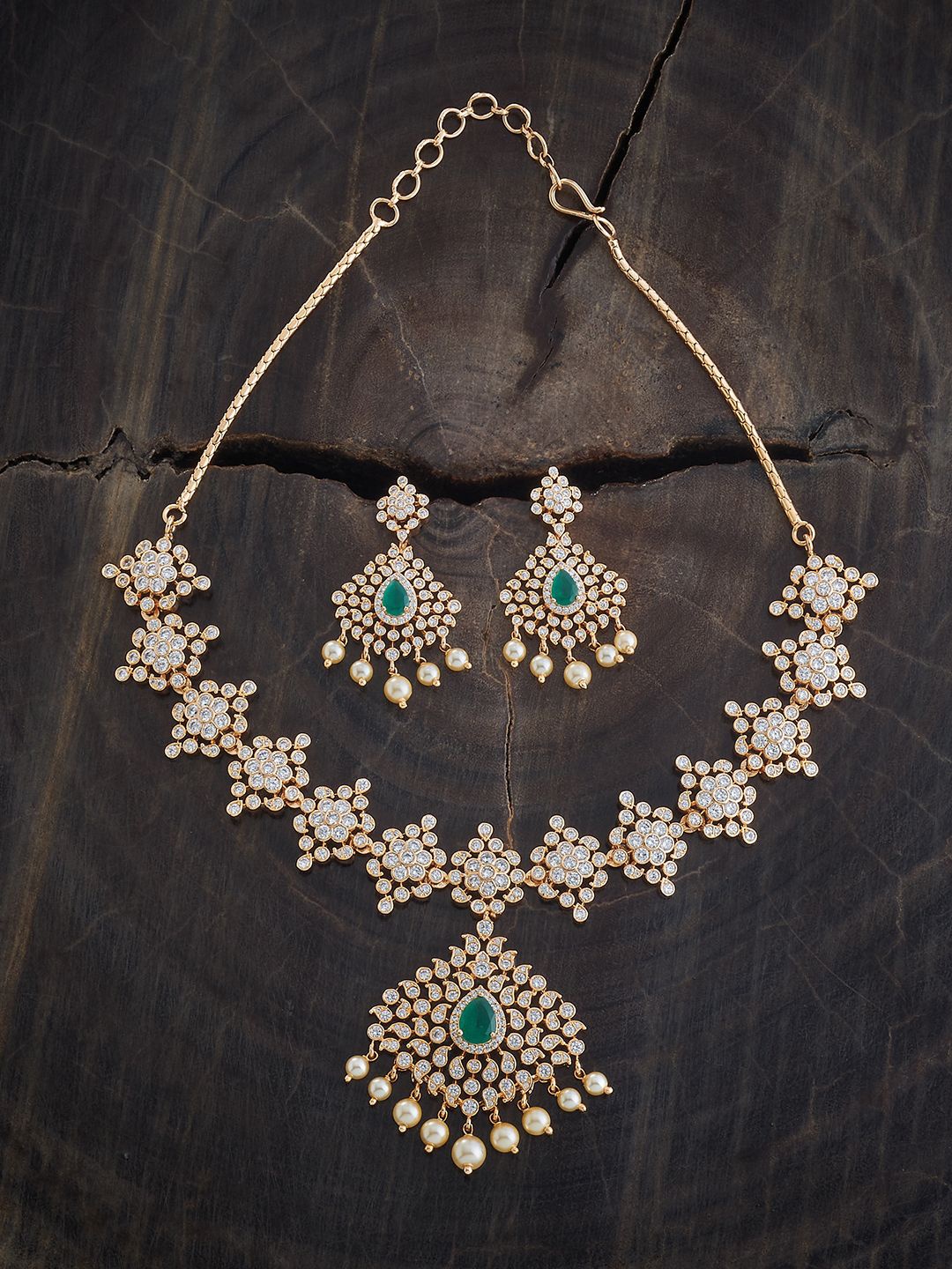 

Kushal's Fashion Jewellery Gold Plated CZ Stone Studded & Beaded Necklace and Earrings