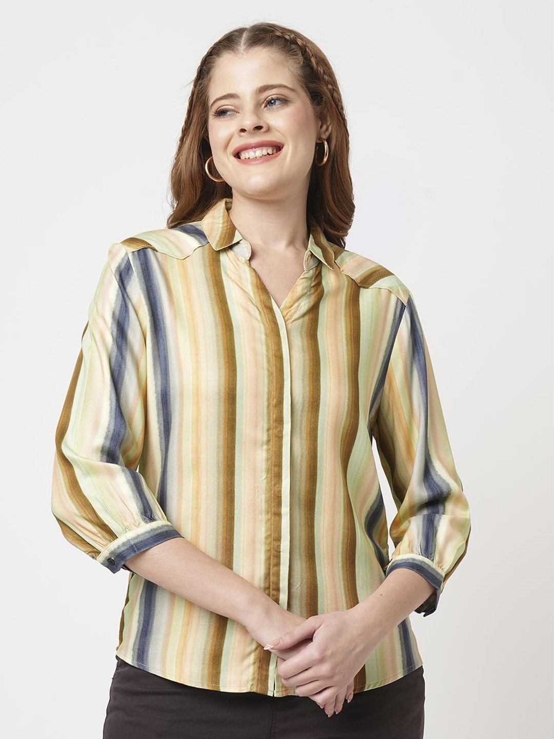 

Kraus Jeans Women Slim Fit Opaque Striped Casual Shirt, Multi