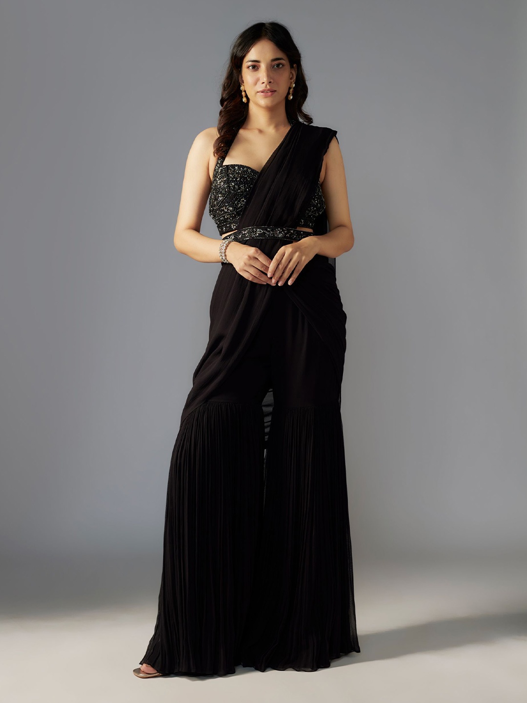 

Maisolos Embroidered Solid Pure Georgette Palazzo Saree, Black