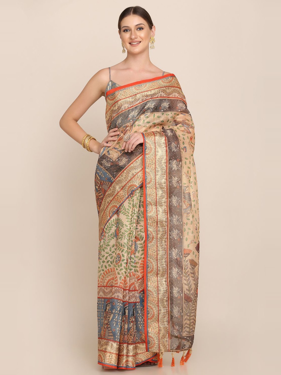 

Kaizen TEXO FAB Floral Khadi Saree, Beige