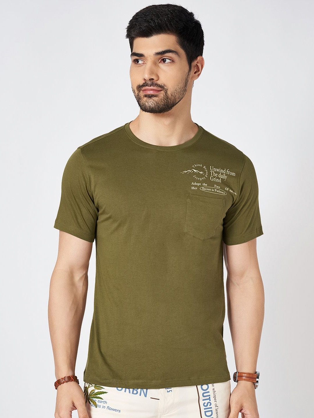 

Urban Ranger by pantaloons Men Solid Round Neck Cotton Slim Fit T-Shirt, Olive