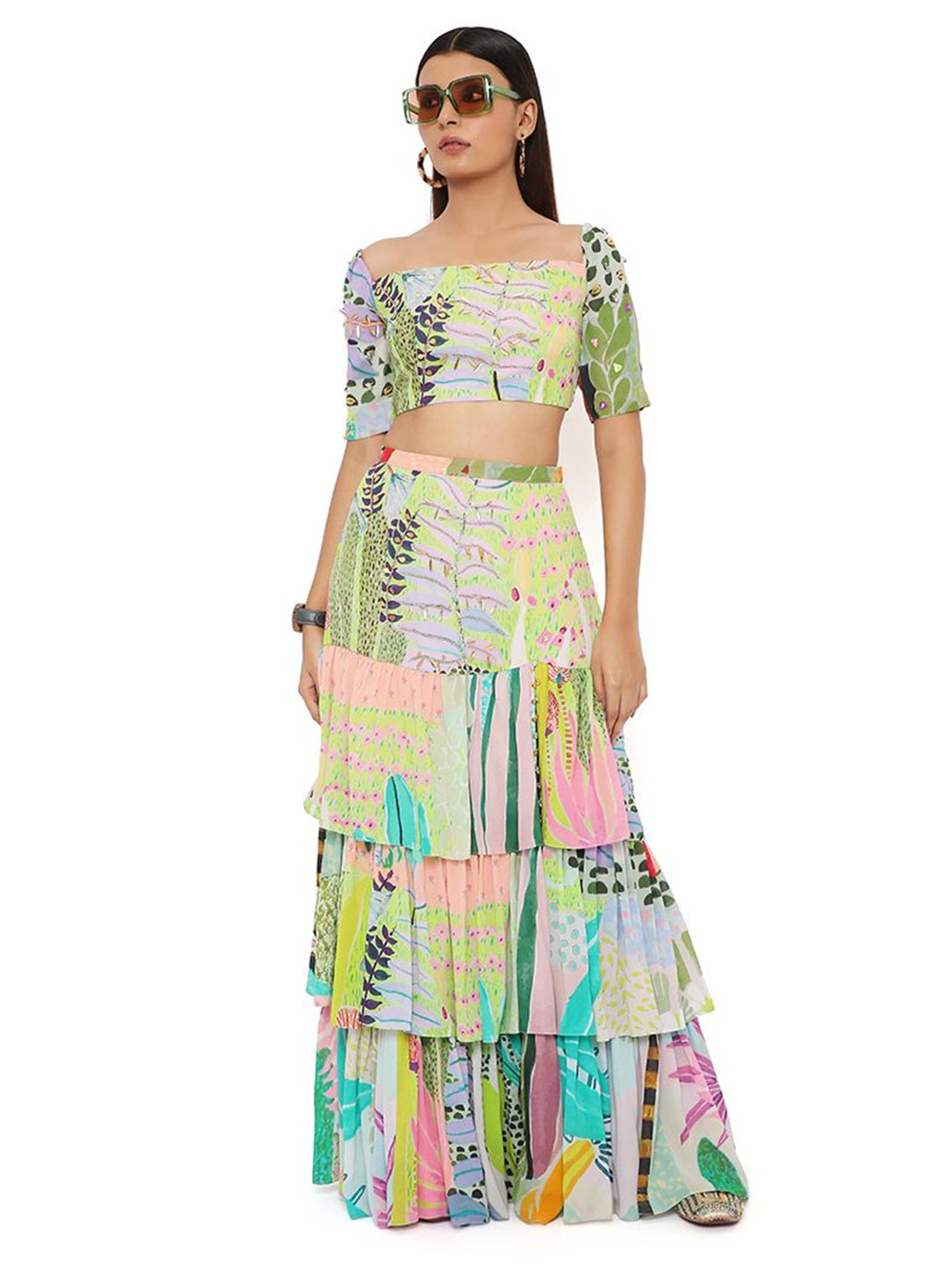 

Payal Singhal Floral Print Off-Shoulder Georgette Top, Green