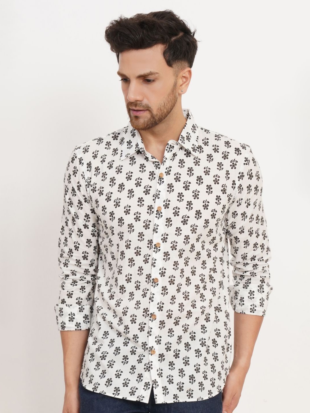 

COTLAND FASHION Men Classic Floral Opaque Printed Casual Shirt, White