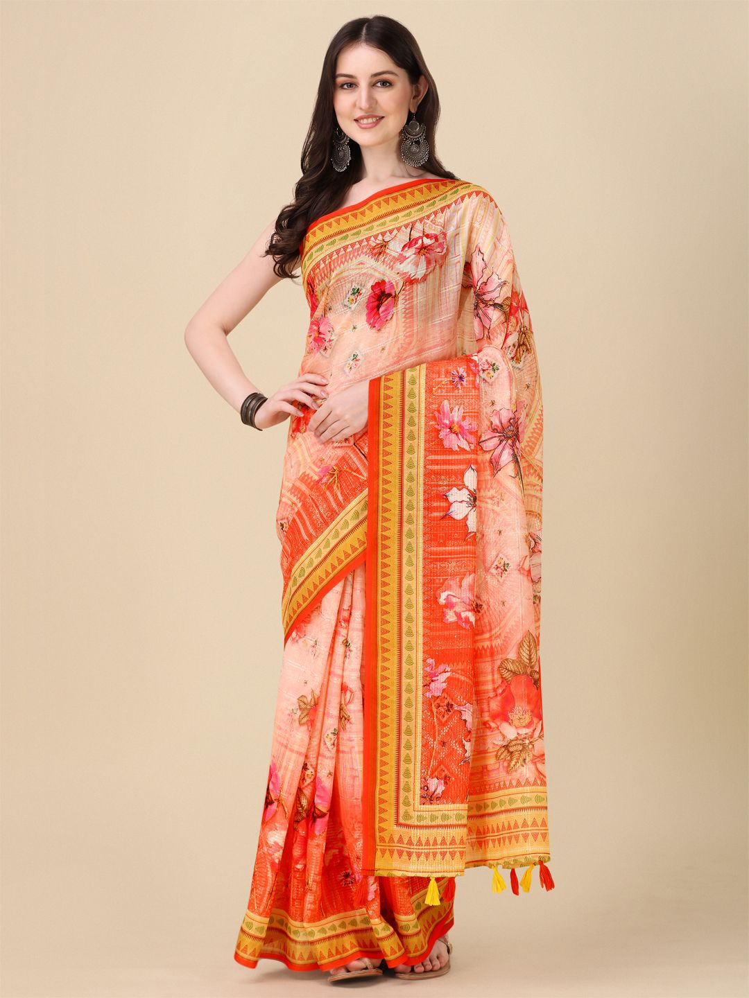 

Kaizen TEXO FAB Floral Printed Khadi Saree, Peach