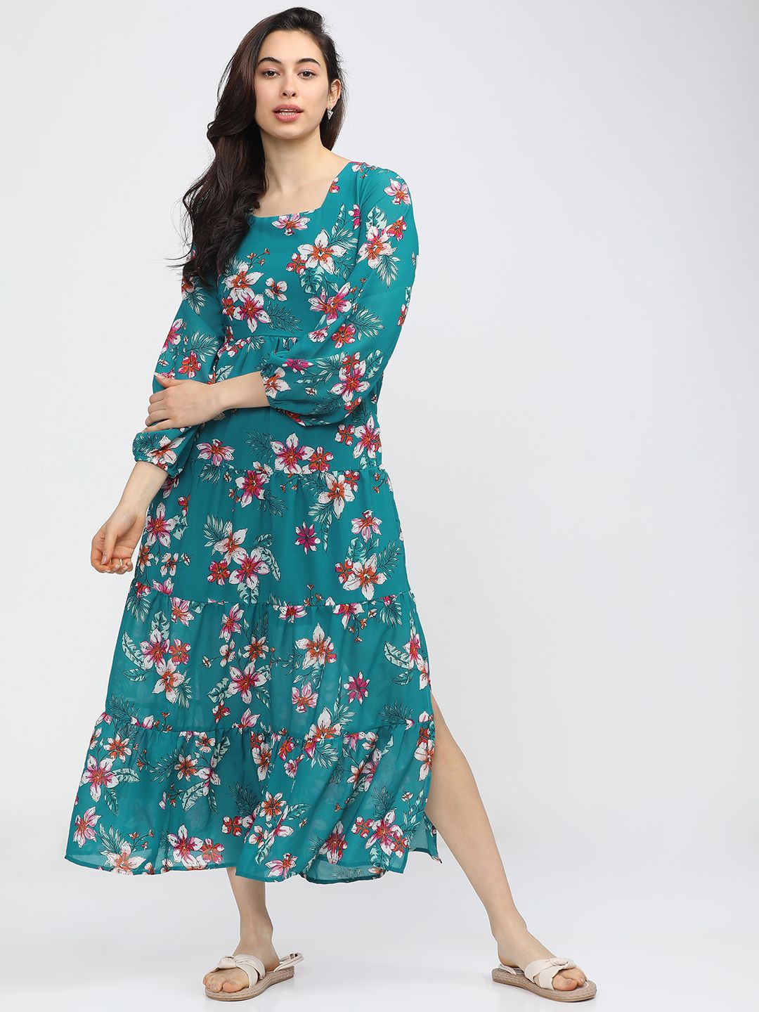 

Tokyo Talkies Women Floral Printed Puff Sleeves Fit & Flare Midi Dress, Turquoise blue