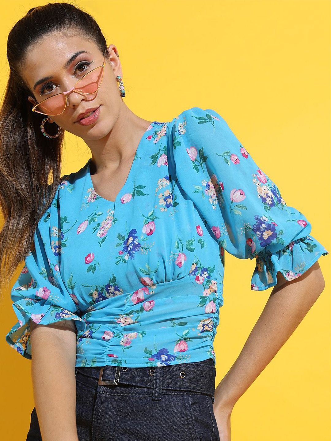 

Tokyo Talkies Floral Print Puff Sleeve Blouson Top, Blue
