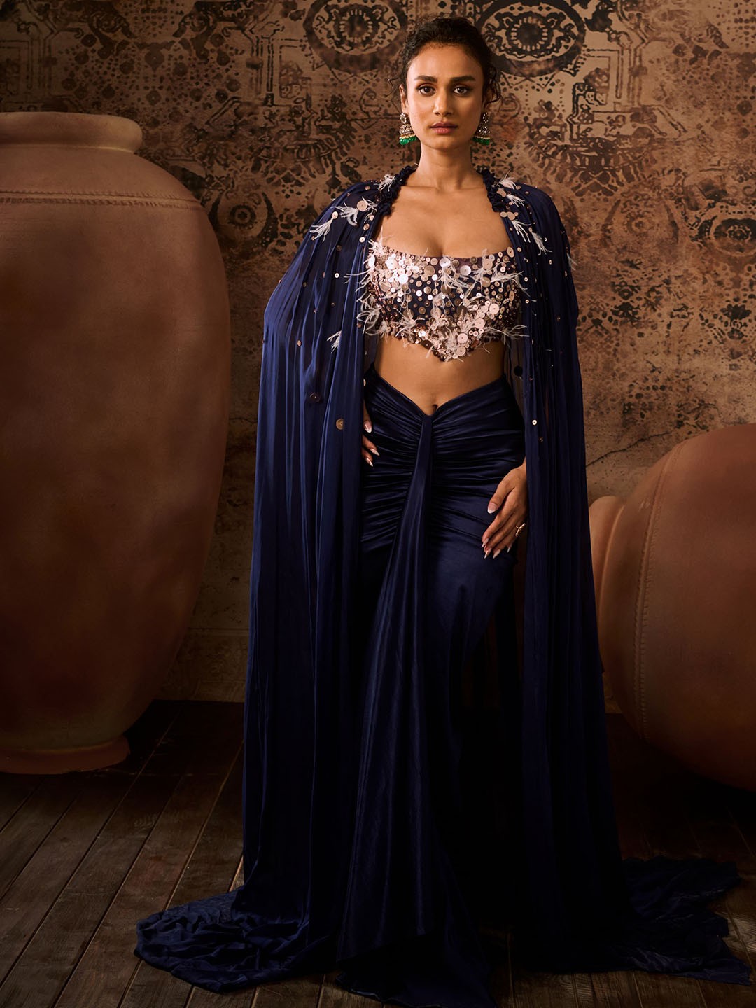 

Masumi Mewawalla Embroidered Top With Skirt & Cape, Navy blue