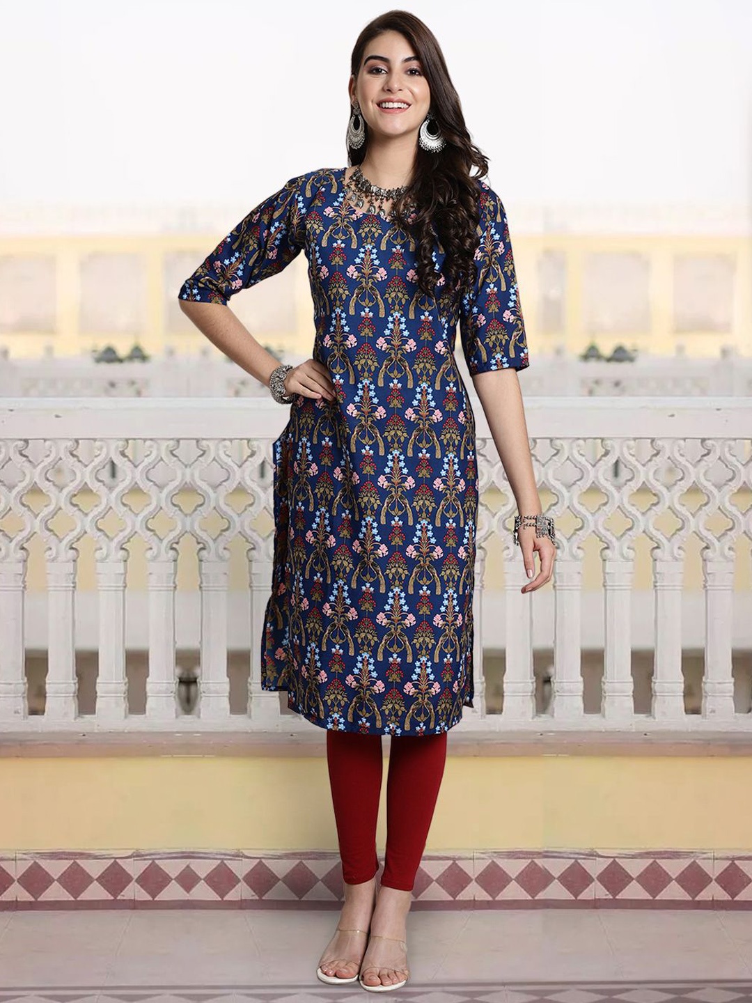 

7Threads Women Geometric Printed Floral Crepe Kurta, Multi