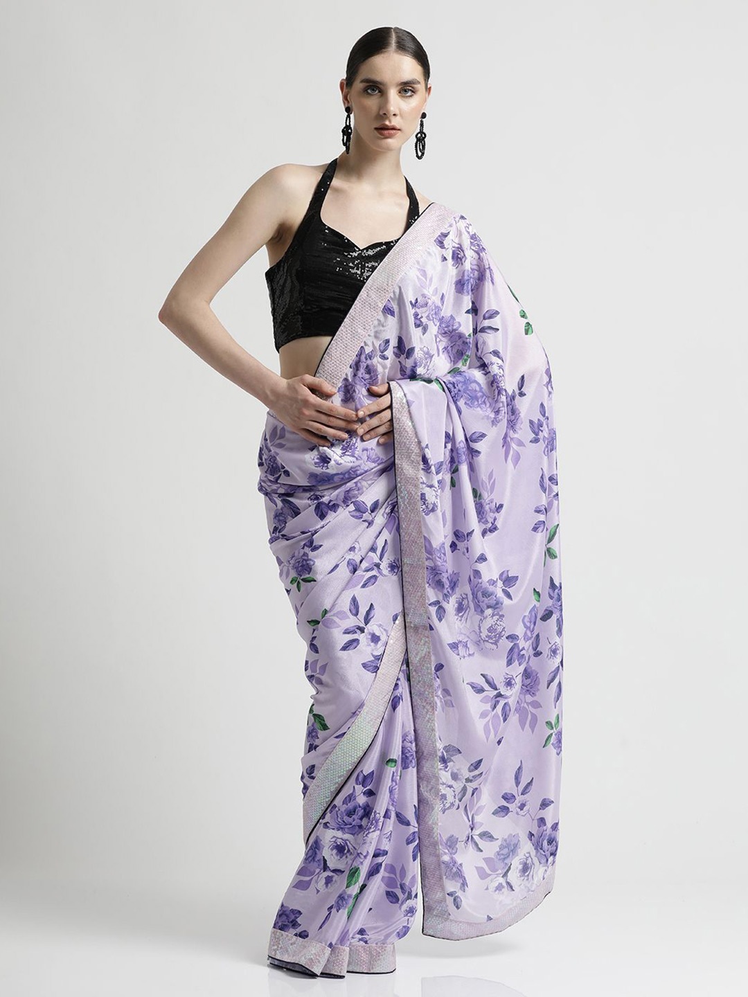 

Jaipur Kurti Floral Mirror Work party wear Satin Saree, Purple