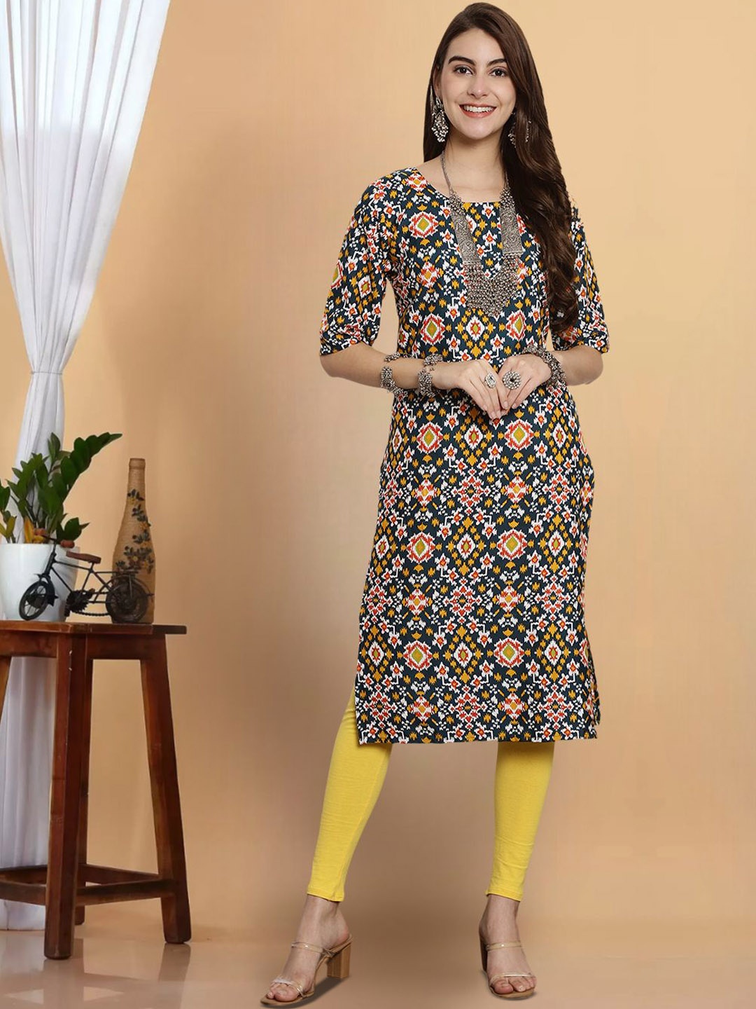 

7Threads Women Geometric Printed Thread Work Floral Crepe Kurta, Multi