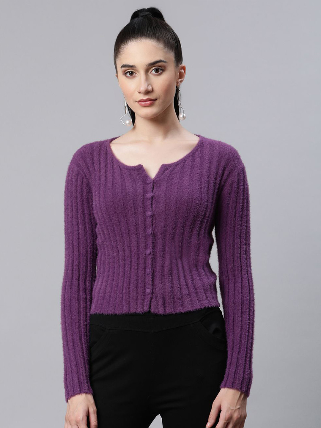 

Global Republic Women Striped Crop Cardigan, Purple
