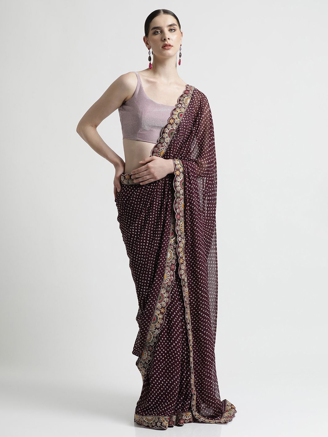 

Jaipur Kurti Bandhani Embroidered Pure party wear Georgette Saree, Maroon