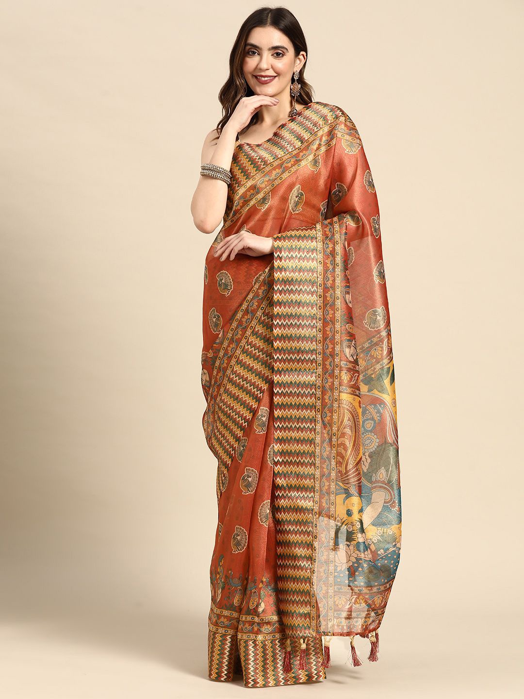 

Kaizen TEXO FAB Ethnic Motifs Linen Blend Khadi Saree, Brown