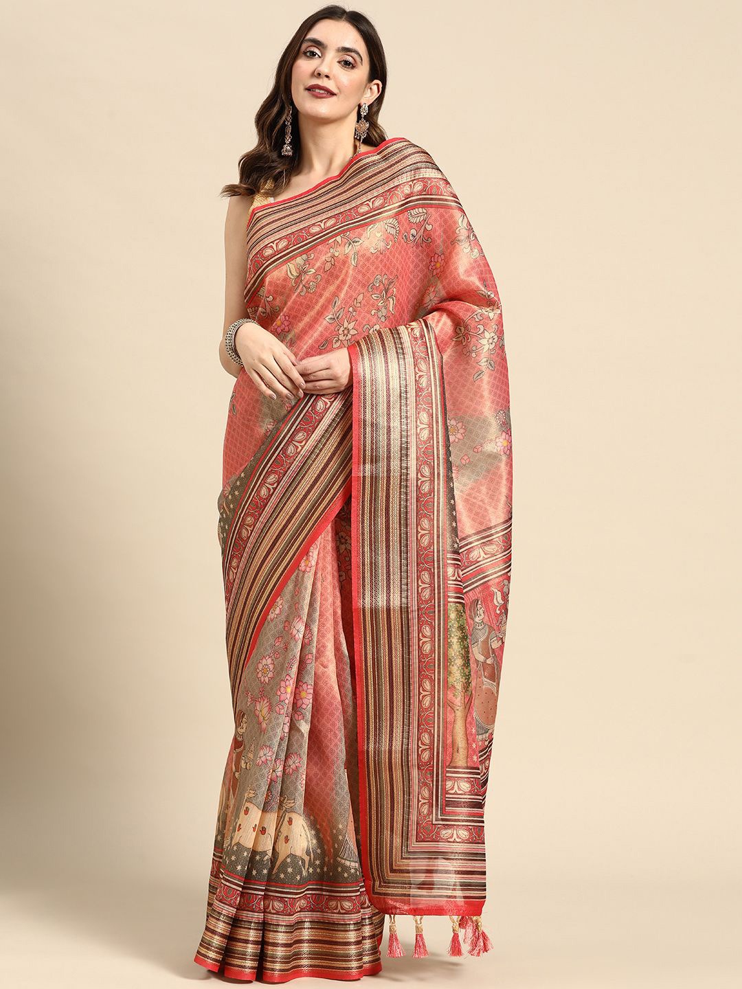 

Kaizen TEXO FAB Women Floral Printed Khadi Saree With Striped Boarder, Peach