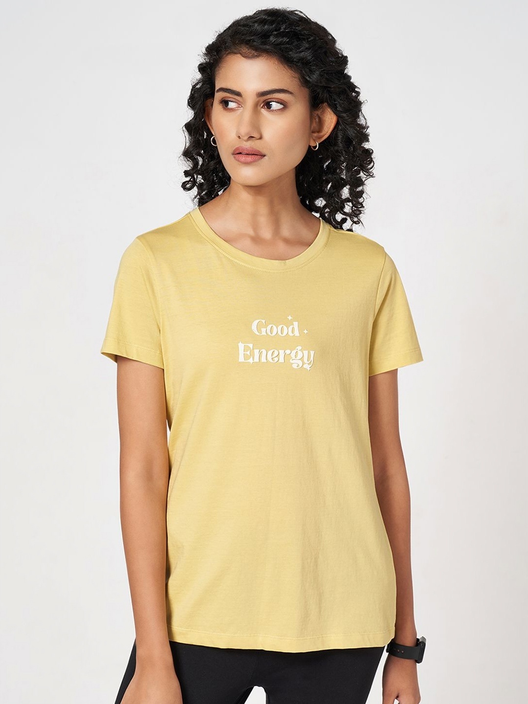 

Ajile by Pantaloons Women Typography Printed Round Neck Cotton T-Shirt, Yellow