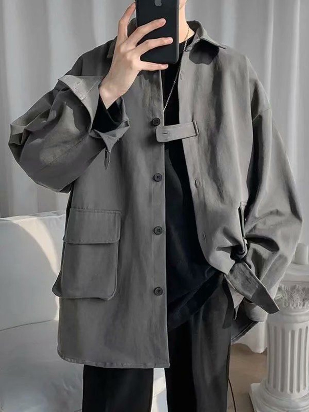 

StyleCast Men Striped Longline Open Front Jacket, Grey